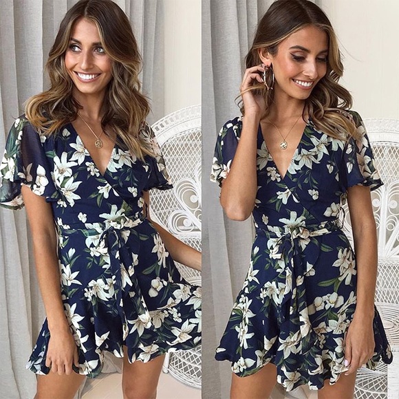 🆕Deep V Neck Floral Short Sleeve Mini Dress Blue - Picture 4 of 4